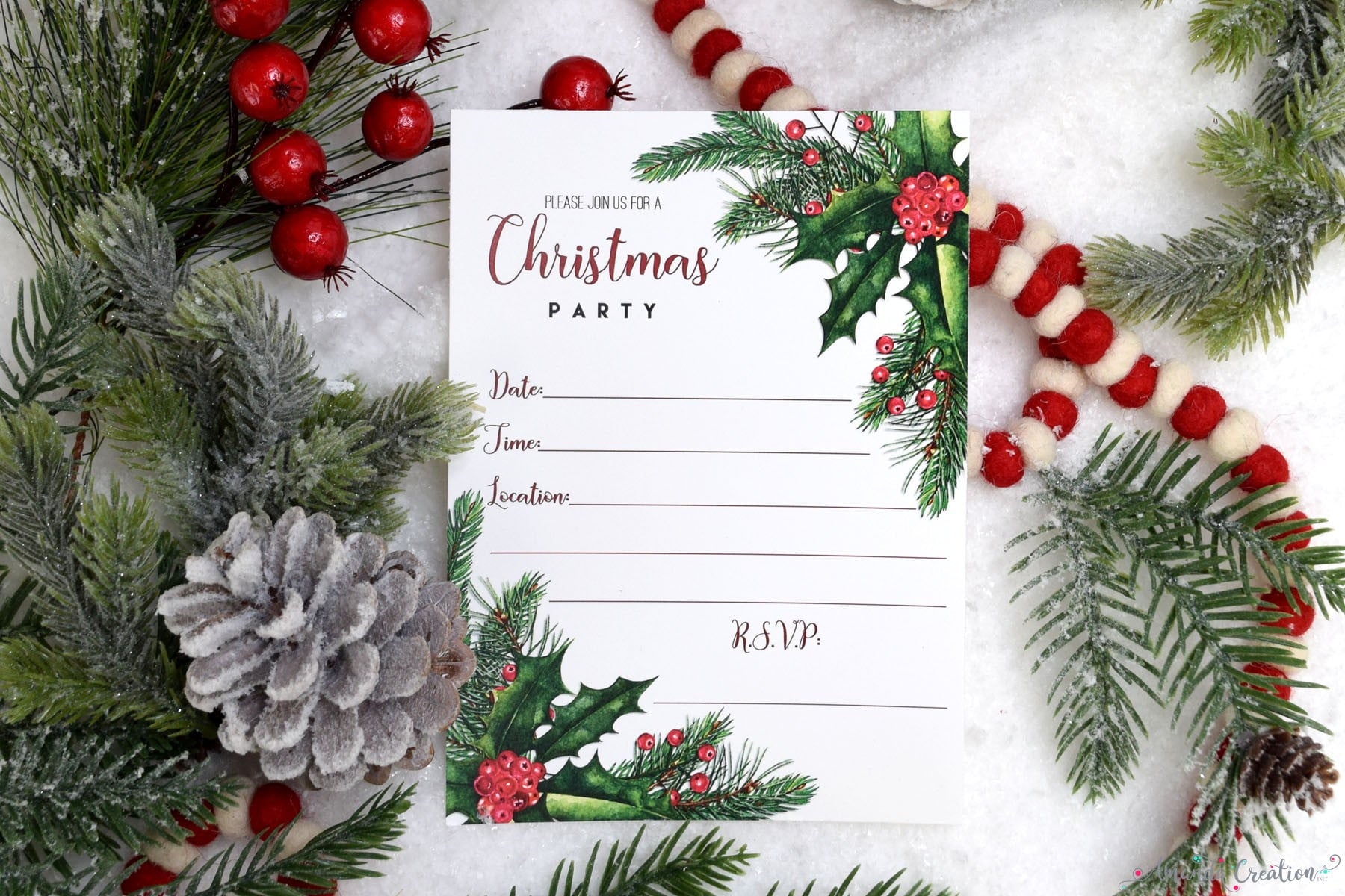 holly & pine Christmas party invitation