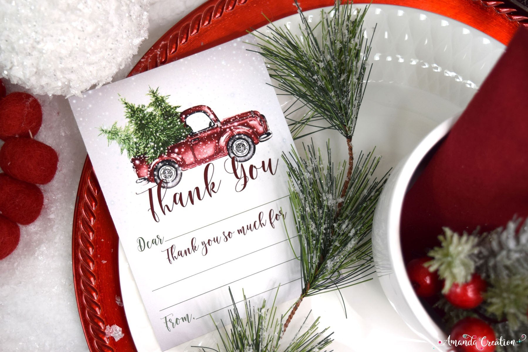 snowy red pickup truck thank you note