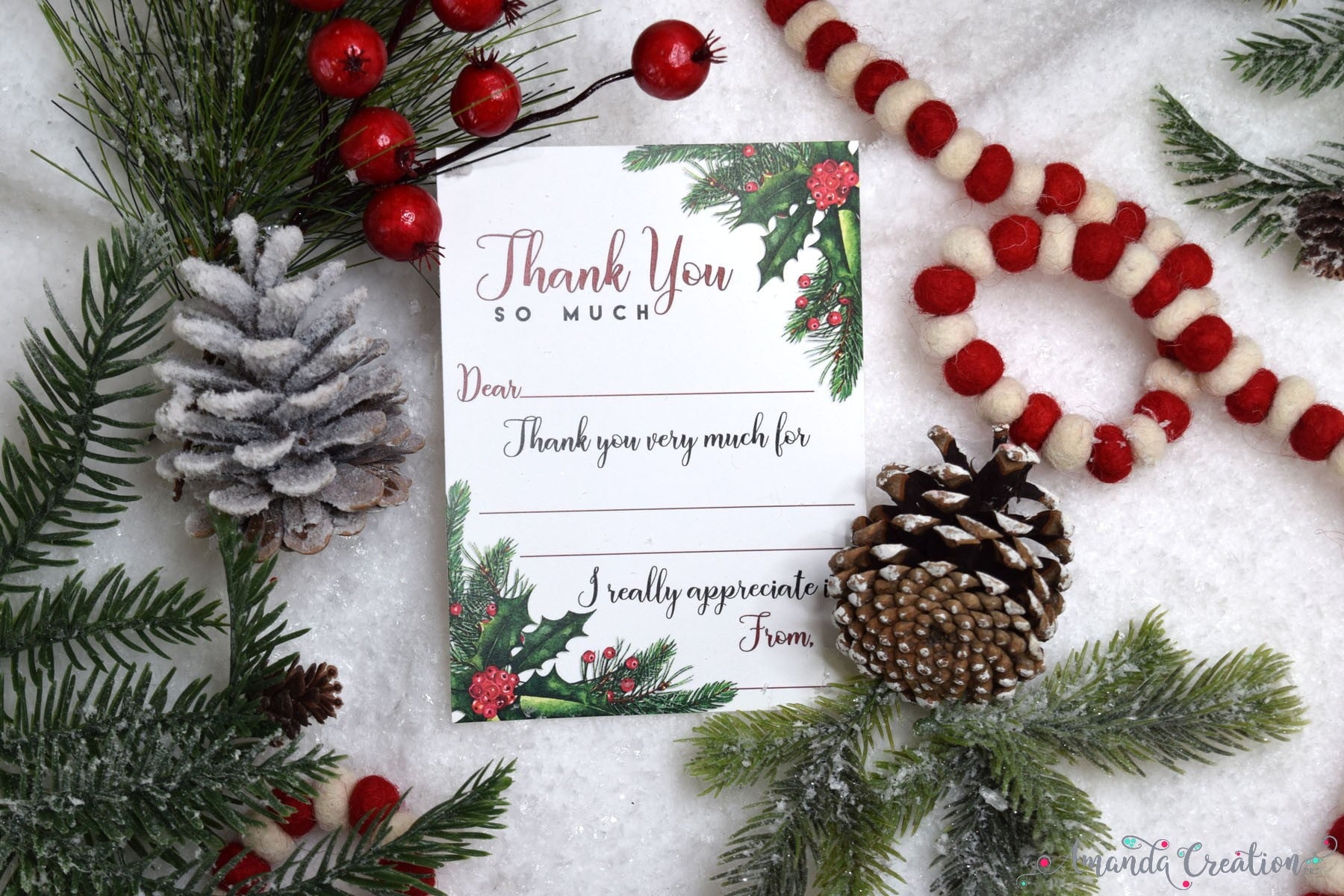 holly and pine thank you card 